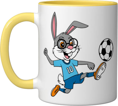 Taza cerámica de Pascua con conejo futbolista amarilla/blanca