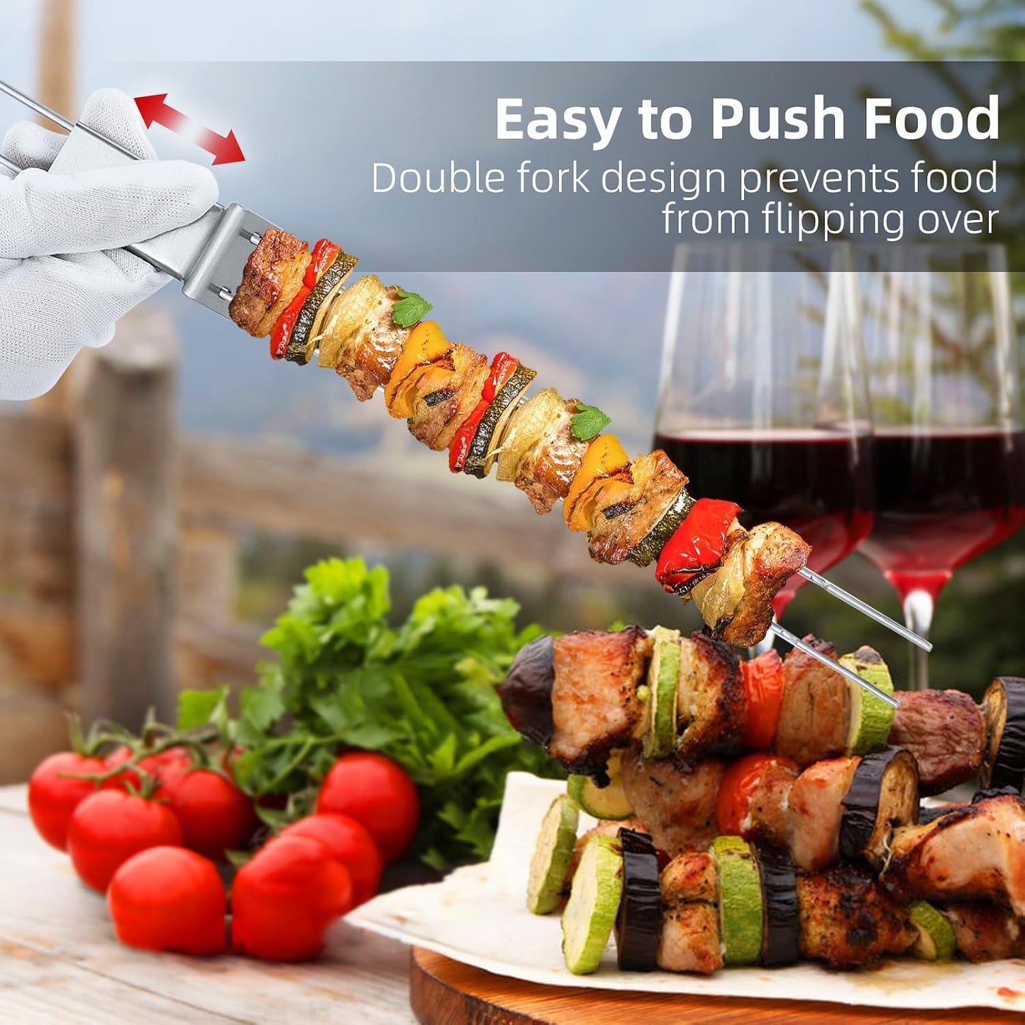 Juego 12 brochetas acero inox 43,2cm doble punta antideslizante