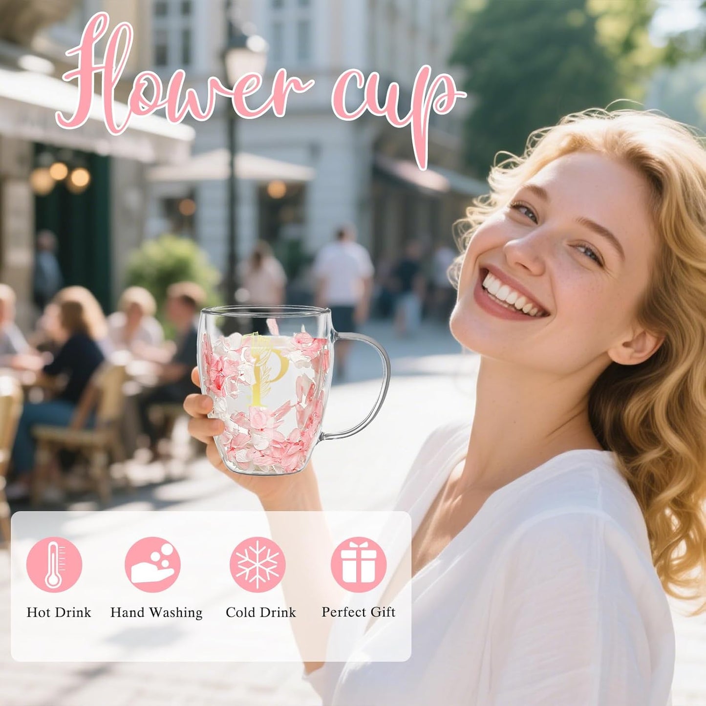 Taza de café de vidrio con flores y monograma para mujer