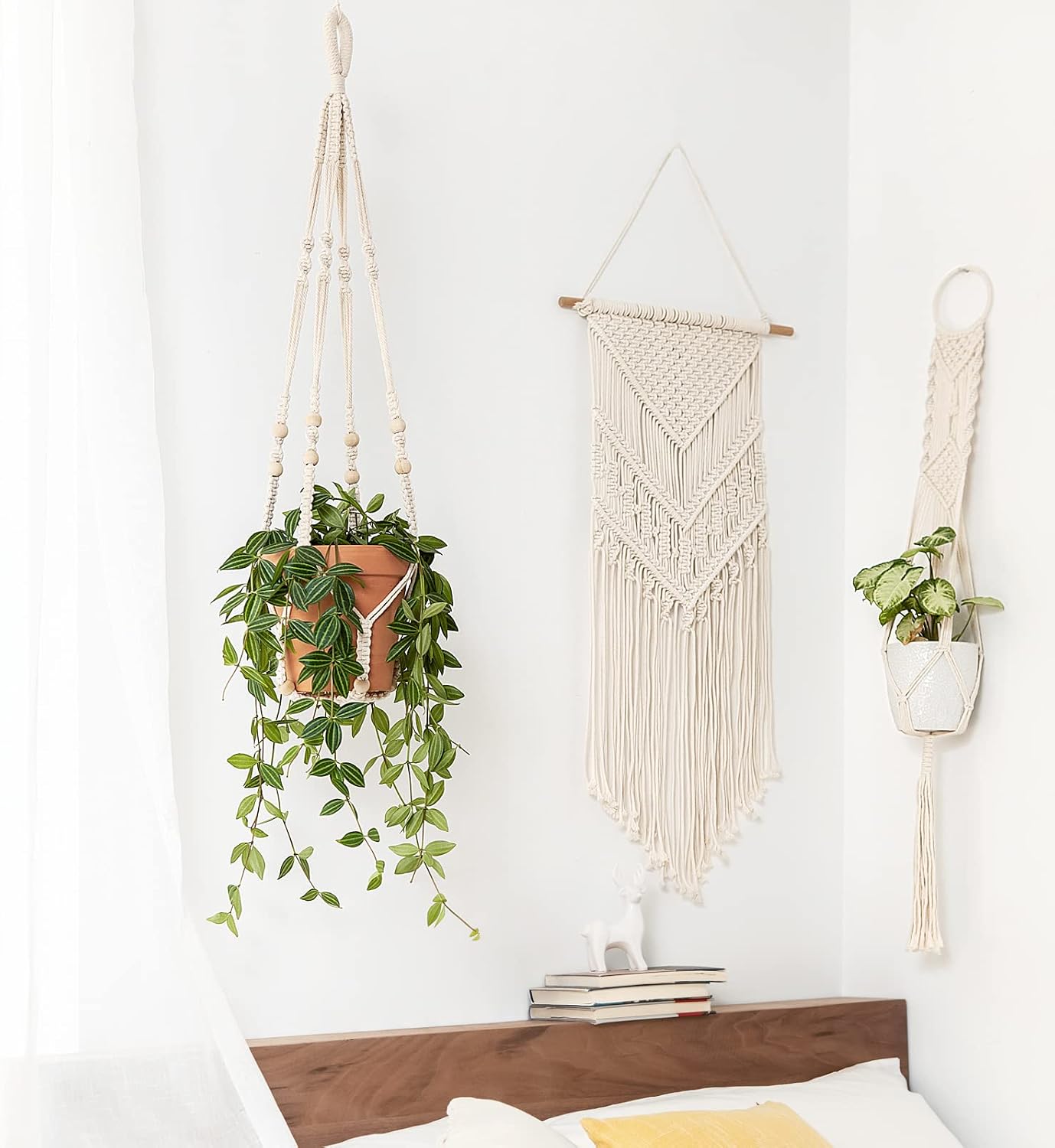 Colgador plantas macramé cesta madera 35pulg marfil