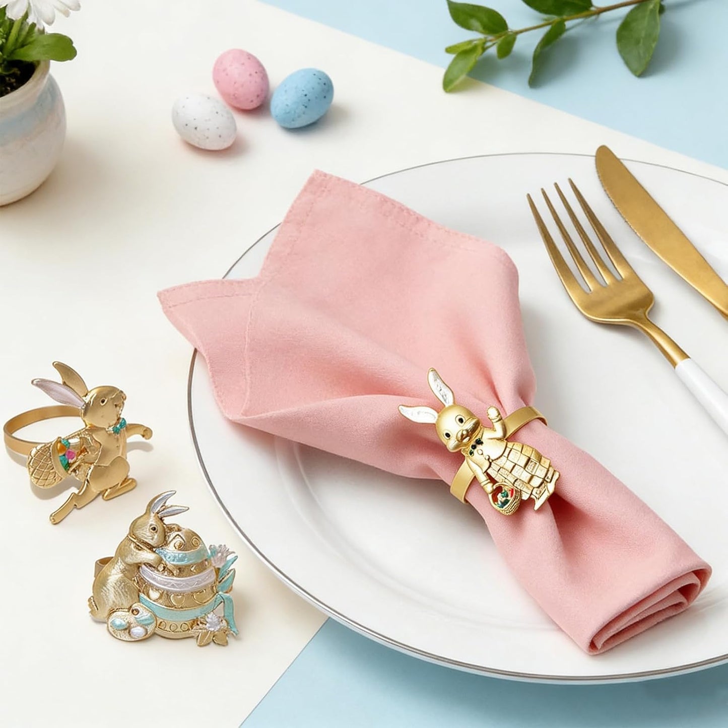 Juego de 6 servilleteros de conejo de Pascua dorado mate para fiestas y decoración rústica