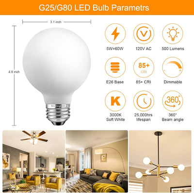 4 Bombillas LED G25/G80 5W Blanco Suave 3000K
