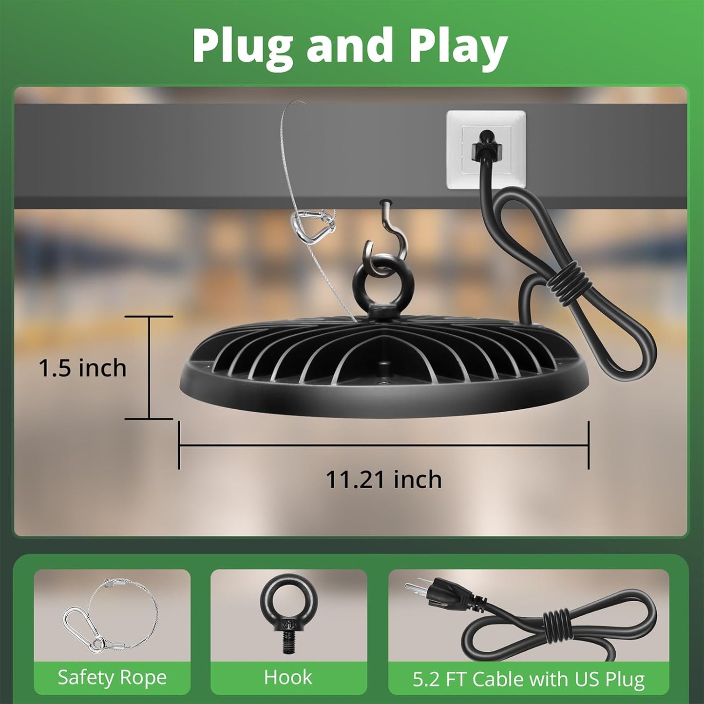 Luz LED UFO 150W 5000K 120V con cable 5.2pies almacén