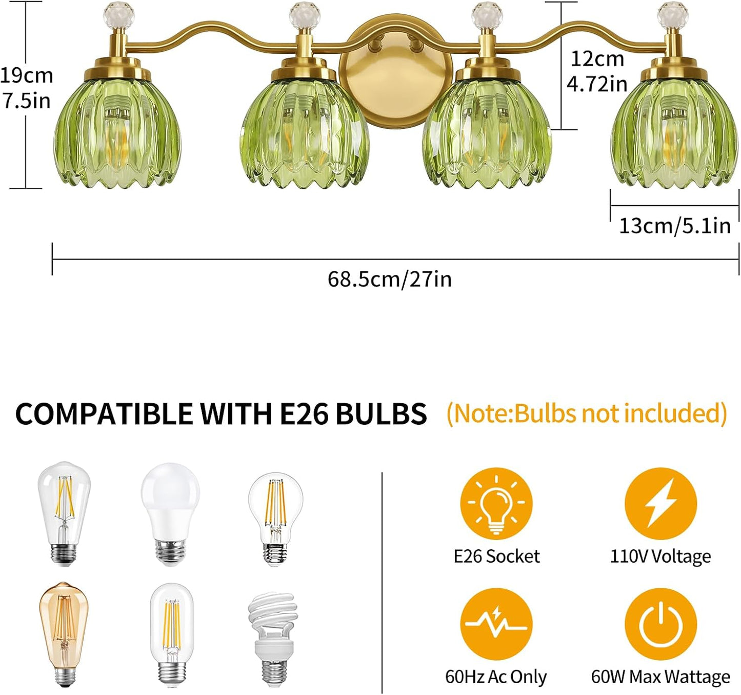 Lámpara baño 4 luces pantalla vidrio verde oro cepillado
