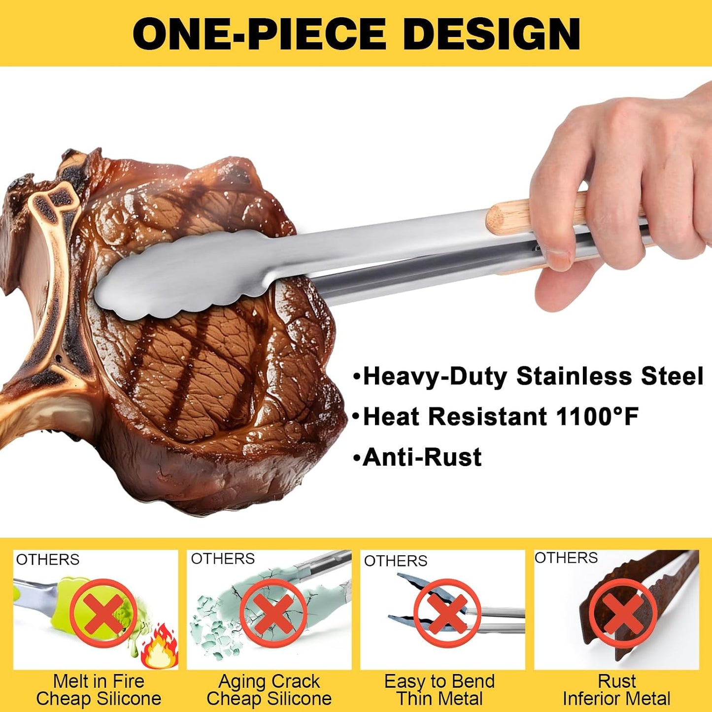 Pinzas acero inox resistentes 1100°F agarre madera parrilla cocinar