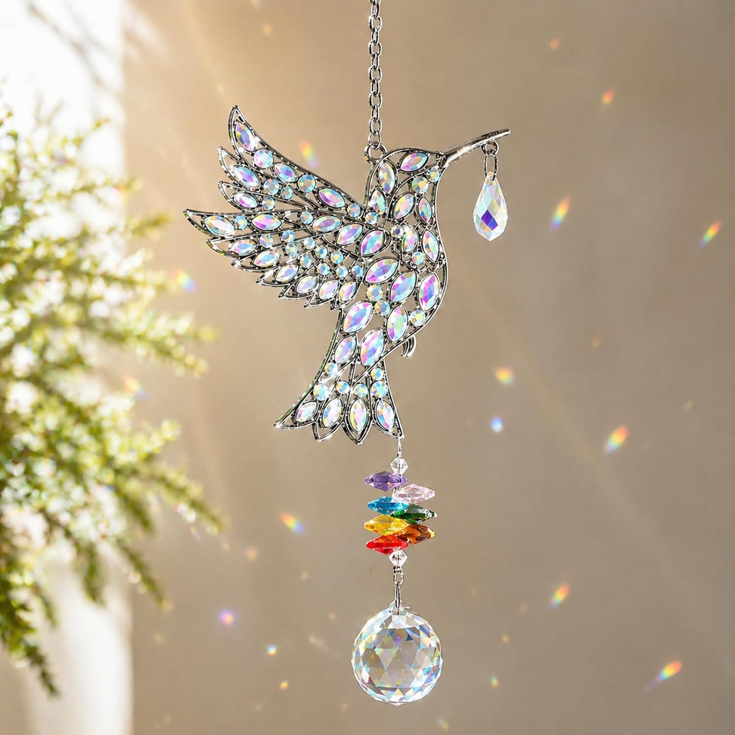 Atrapasoles colibrí plateado con prismas arcoíris decoración