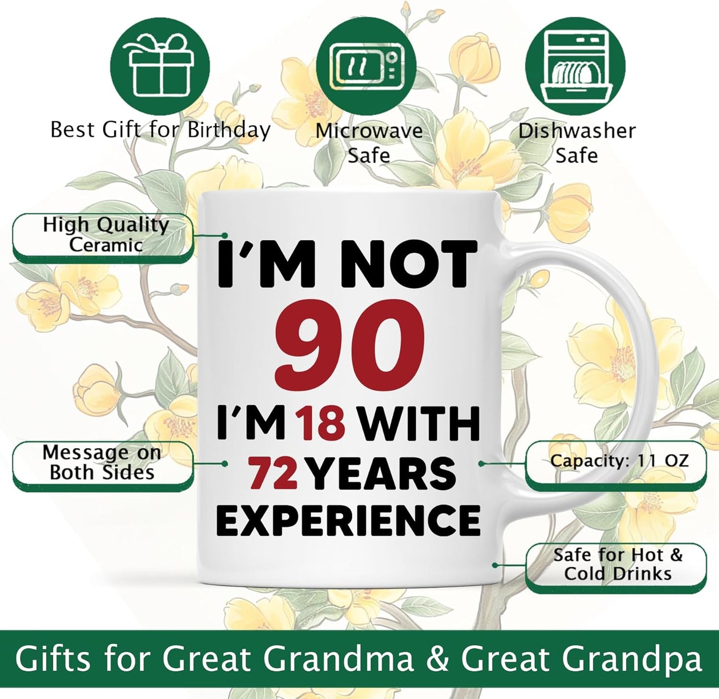 Taza de cumpleaños 90 para abuela o abuelo de 11 oz