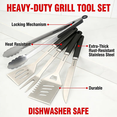 Juego herramientas parrilla acero inox espátula pinzas cuchillo