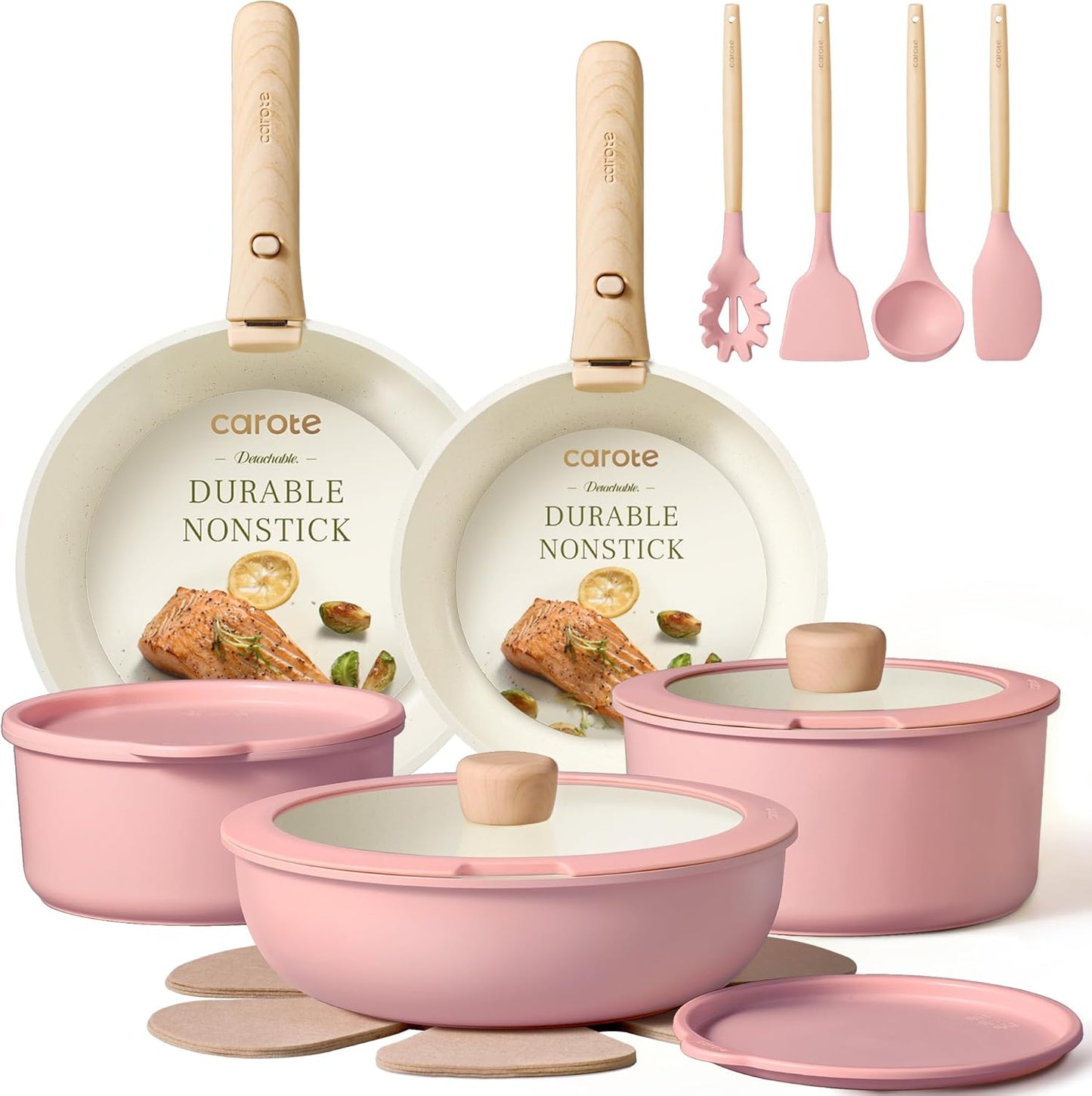 Set 19 Pzas Ollas Sartenes Antiadherente Mango Extraible Rosa