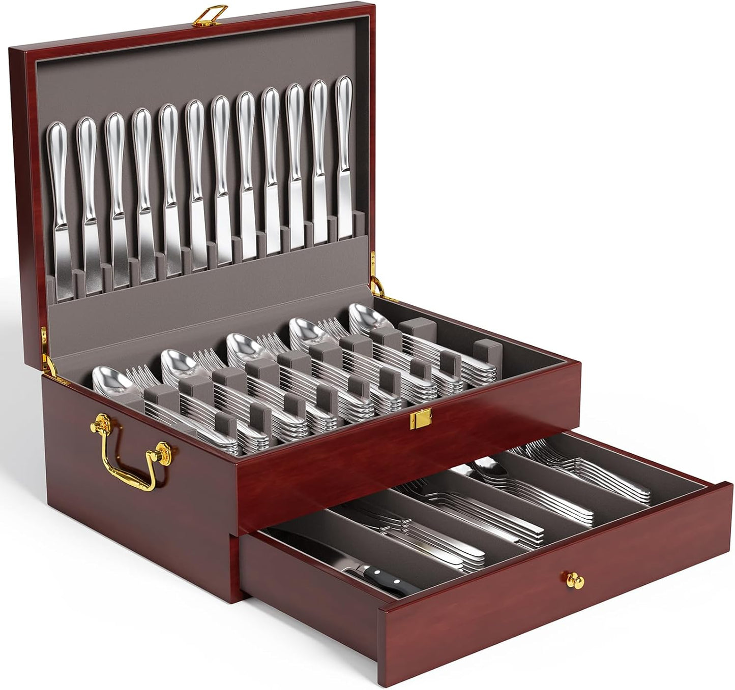 Caja almacenamiento cubiertos madera 2 capas nuez