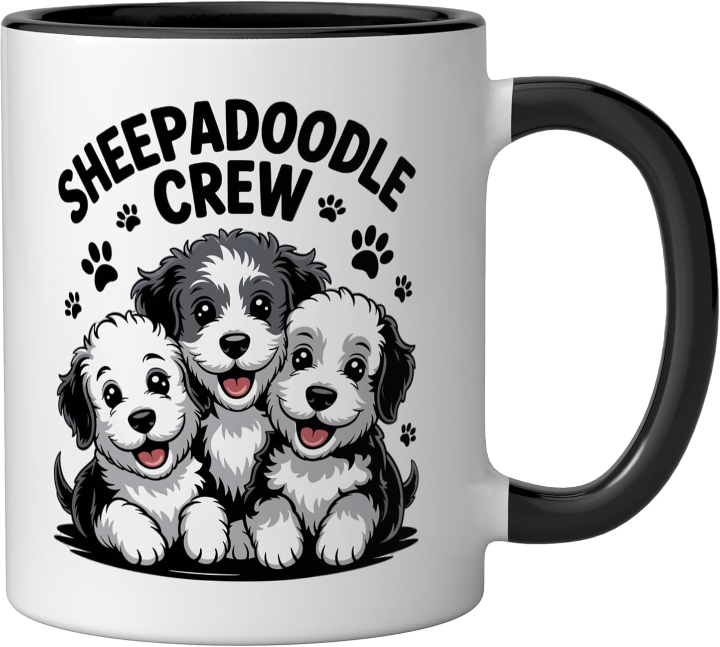 Taza cerámica Sheepadoodle para dueños de perros estilo cartoon negro/blanco