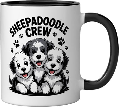Taza cerámica Sheepadoodle para dueños de perros estilo cartoon negro/blanco
