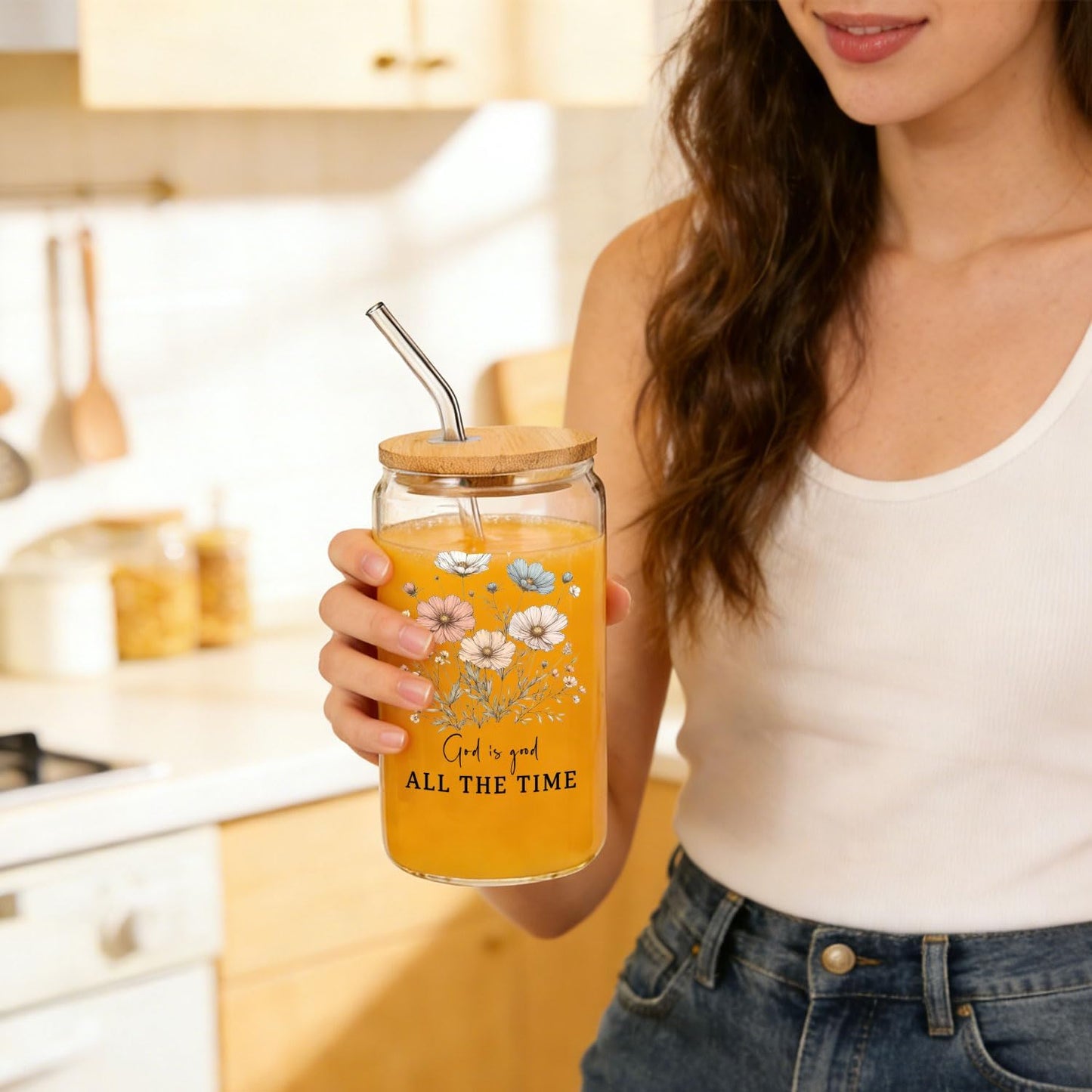 Taza de cristal cristiana floral 14 oz con tapas y pajitas