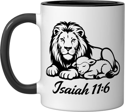 Taza de cerámica Isaías 11-6 León y Cordero diseño de la paz negro y blanco
