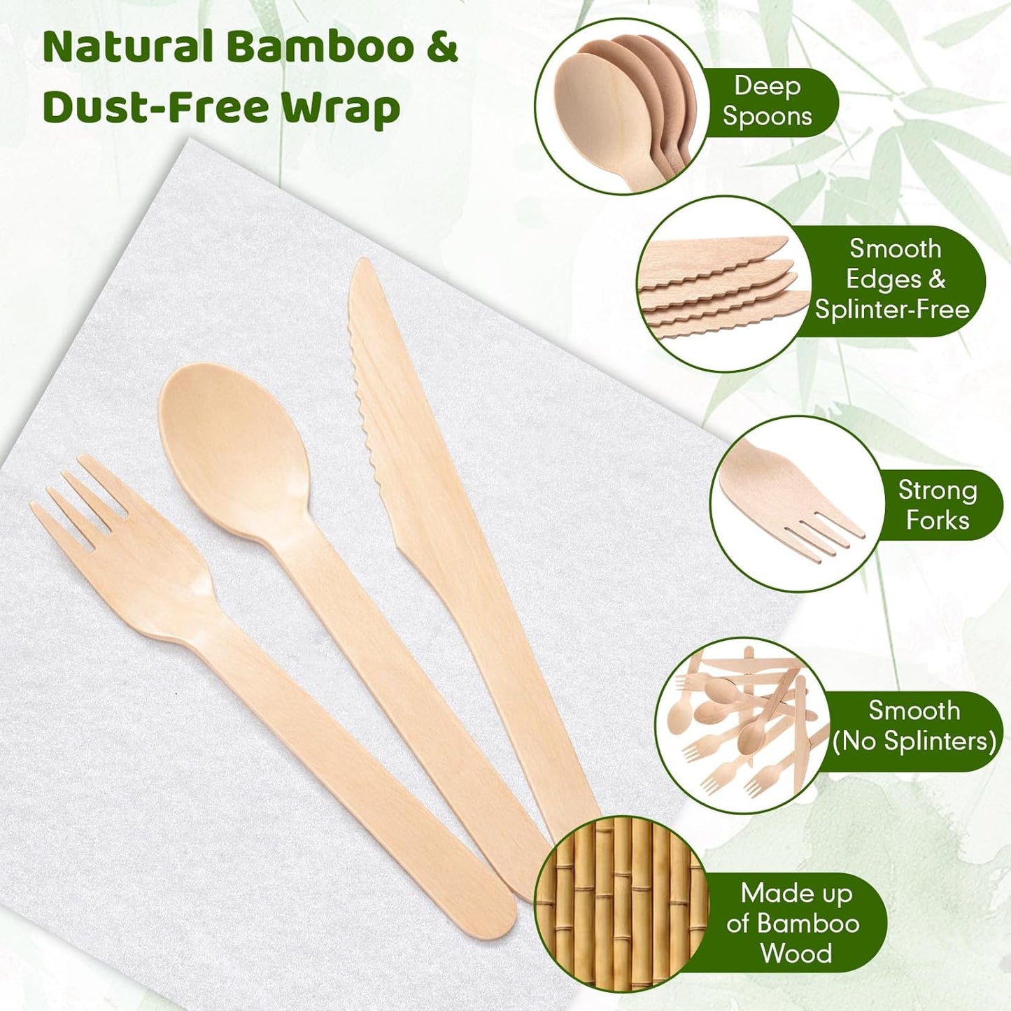 Set 600 servilletas preenrolladas y cubiertos bambú biodegradables