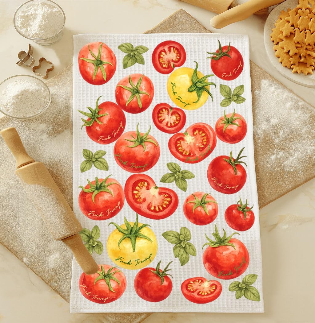 Toalla de cocina anti Trump divertida con diseño de tomate