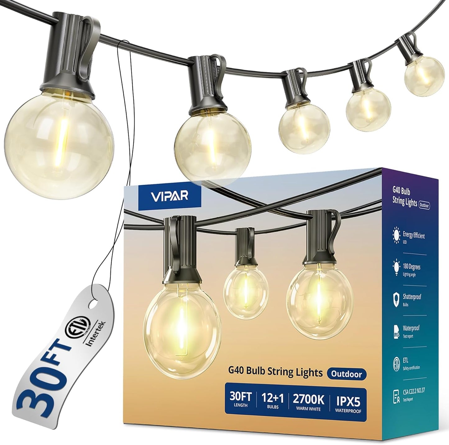 Tira luces LED exteriores 30ft 13 bombillas G40 impermeables