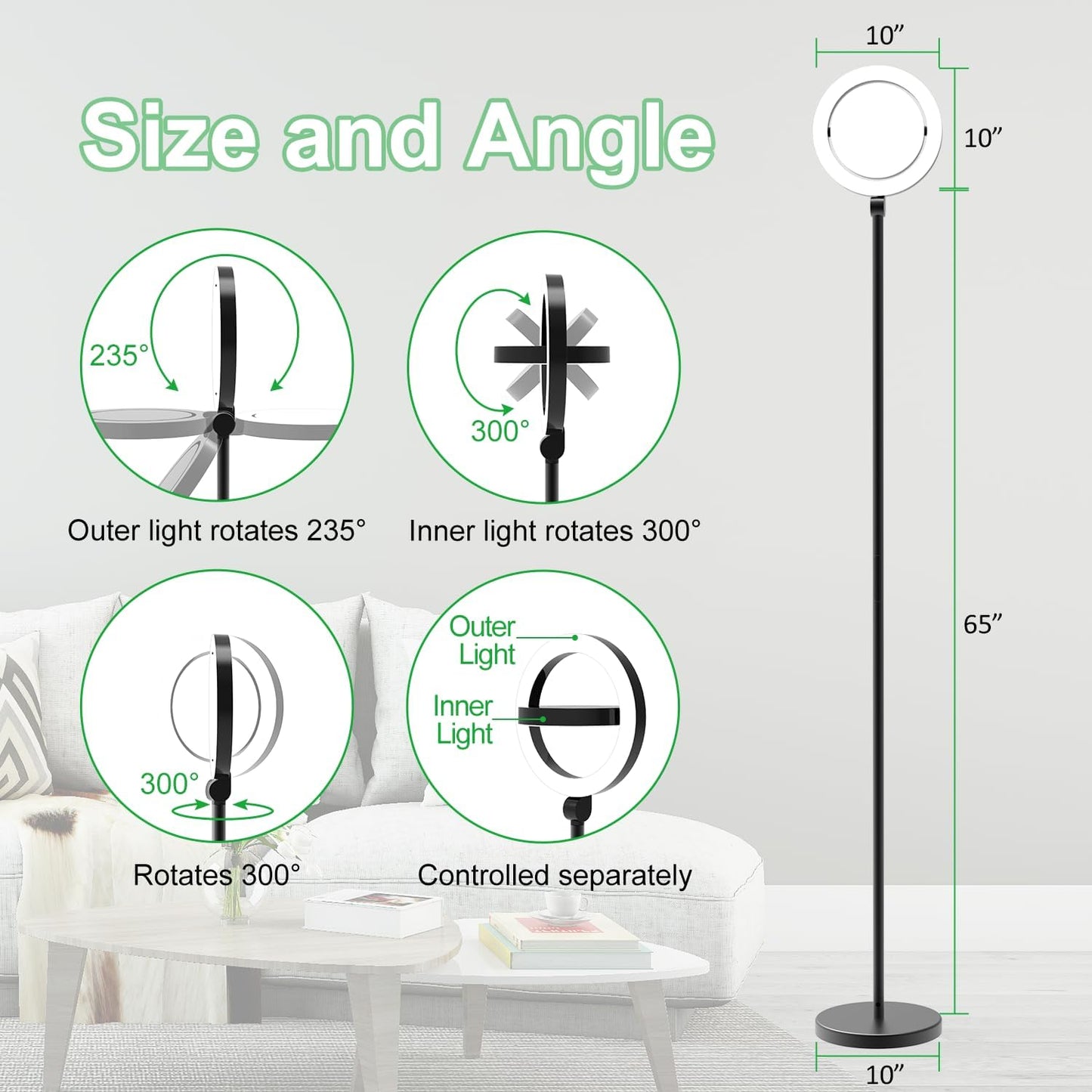Lámpara LED suelo 36W 2500lm 75.5pulg ajustable oficina dormitorio