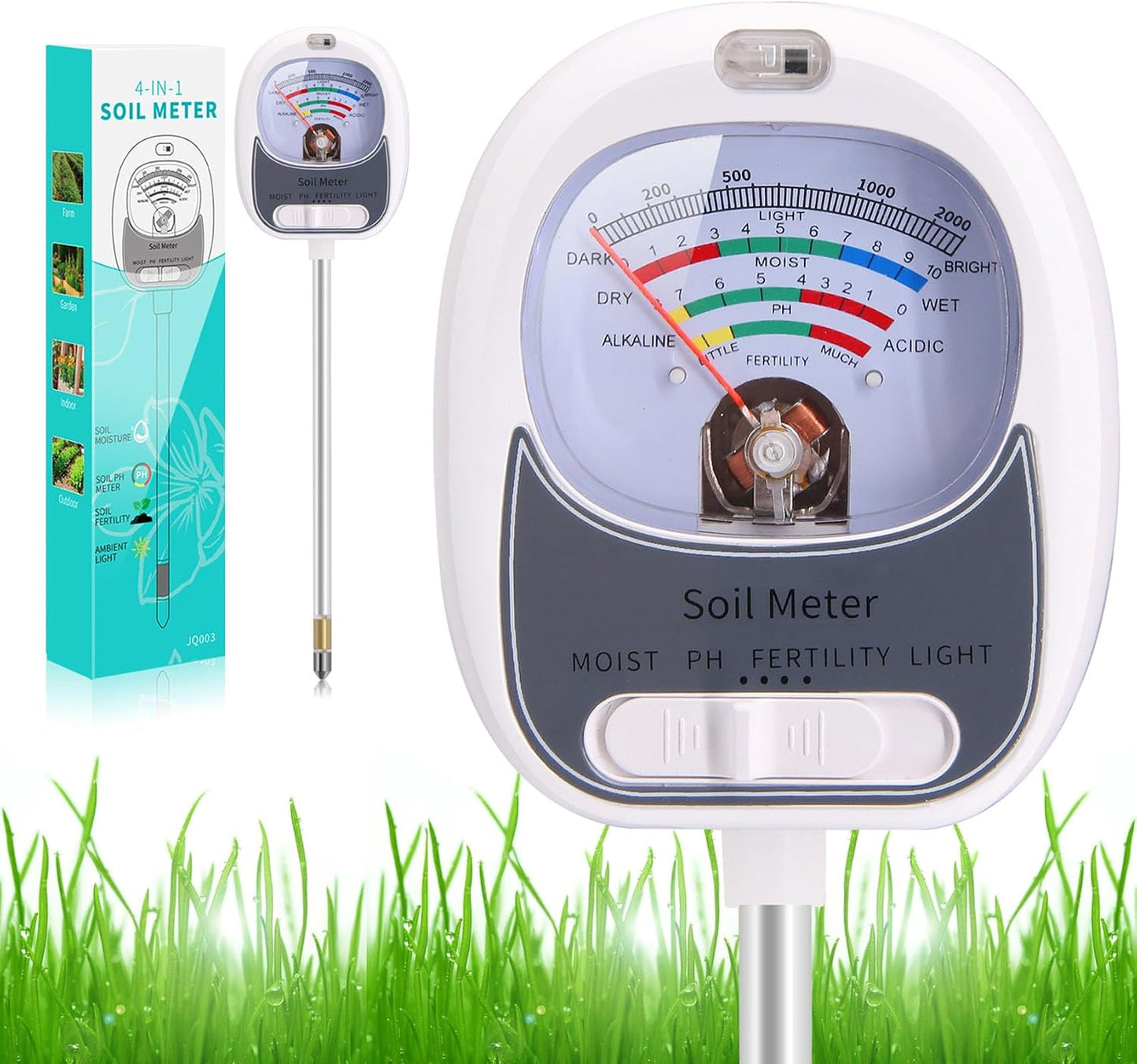 Kit prueba suelo 4en1 medidor humedad pH fertilidad luz solar