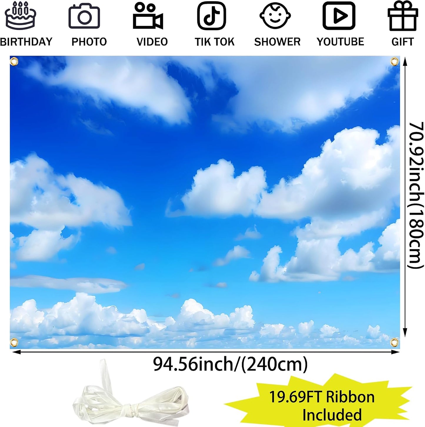 Telón nubes blancas cielo azul 8x6ft cinta 19.69ft bodas