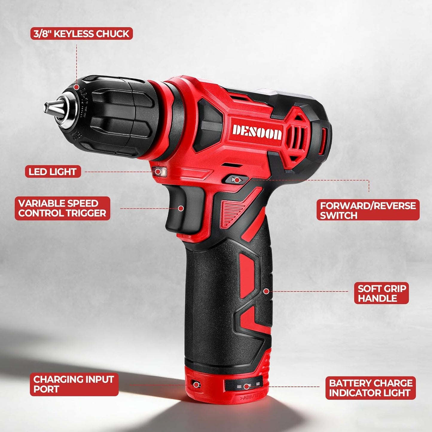 Juego taladro inalámbrico 12V batería herramientas ligeras rojo