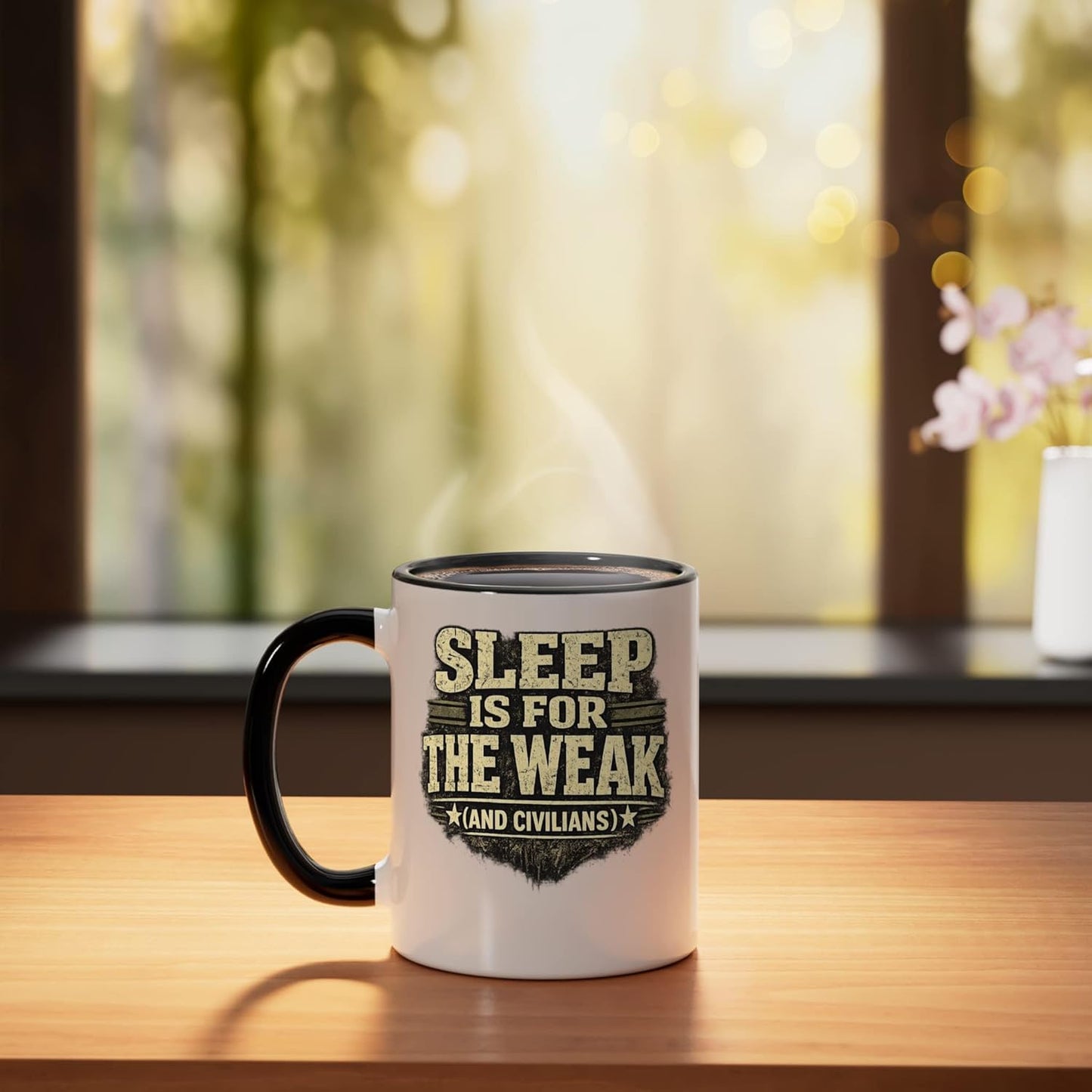 Taza cerámica humor militar para dormir es para los débiles y civiles negro/blanco