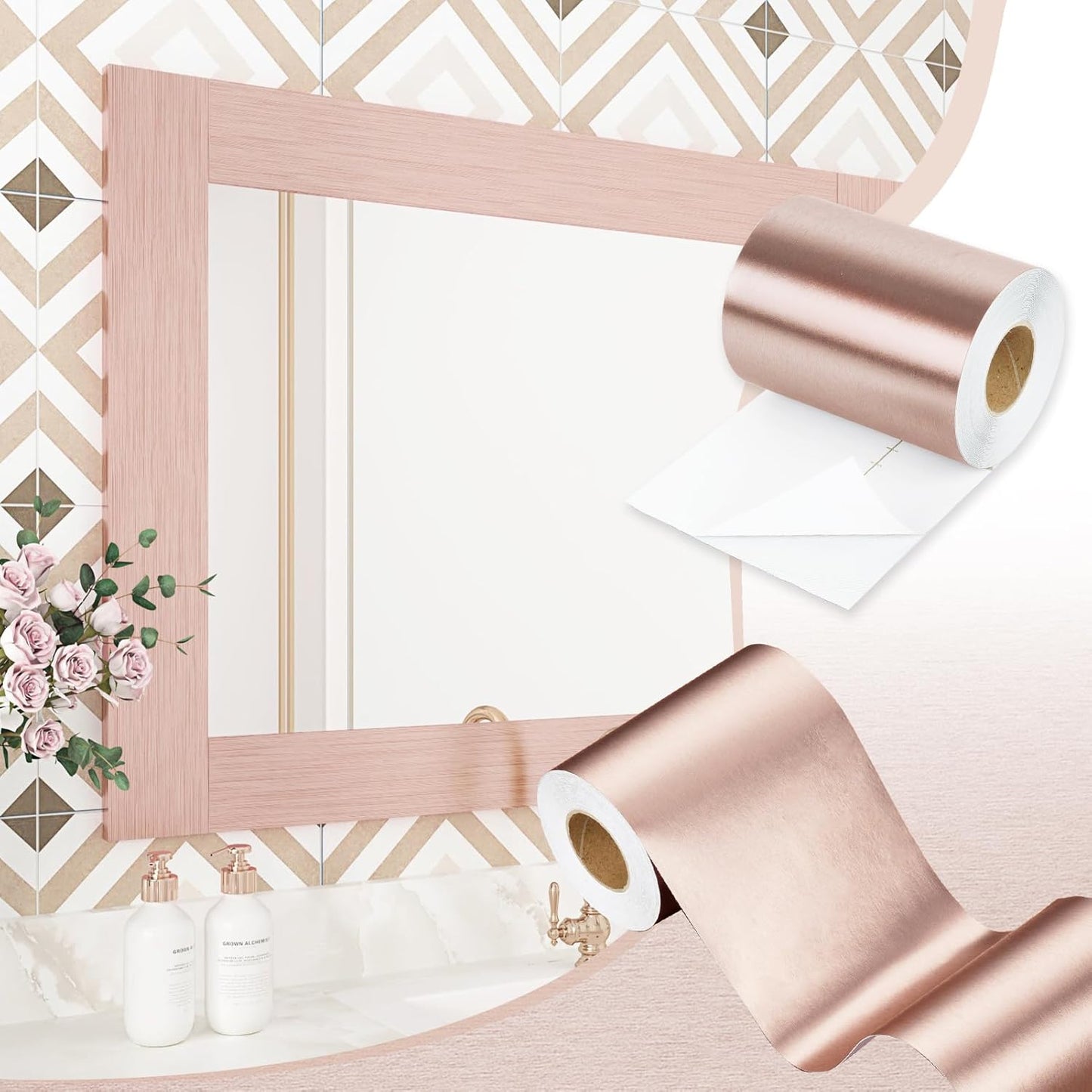 Papel tapiz oro rosa con borde autoadhesivo moldura metálica