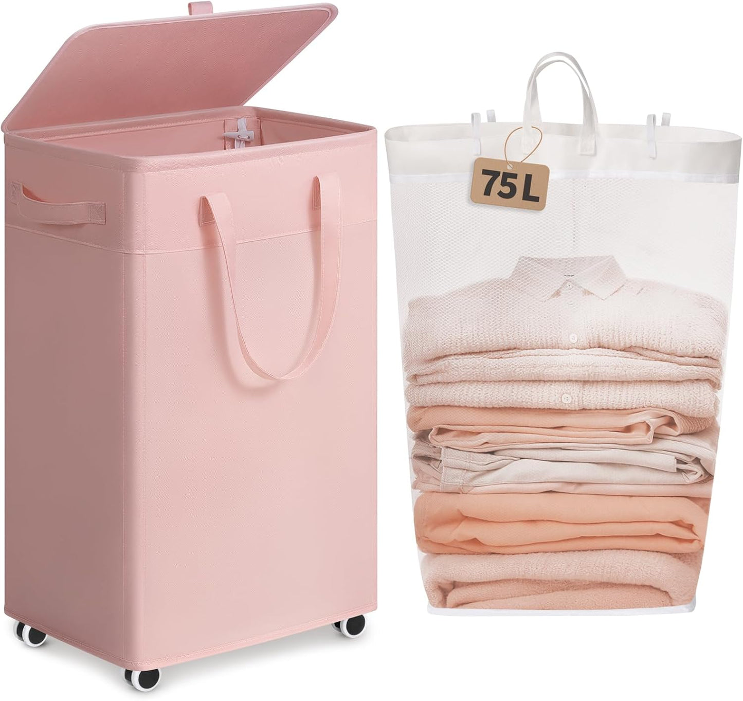 Cesta lavandería rosa con ruedas 75l baño dormitorio
