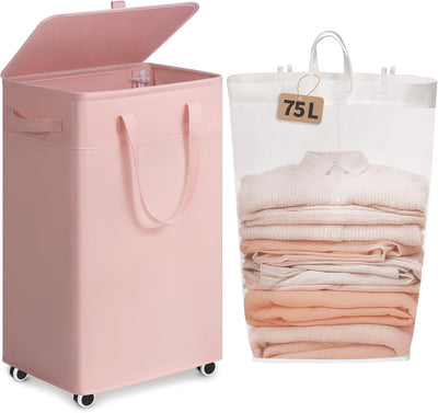 Cesta lavandería rosa con ruedas 75l baño dormitorio
