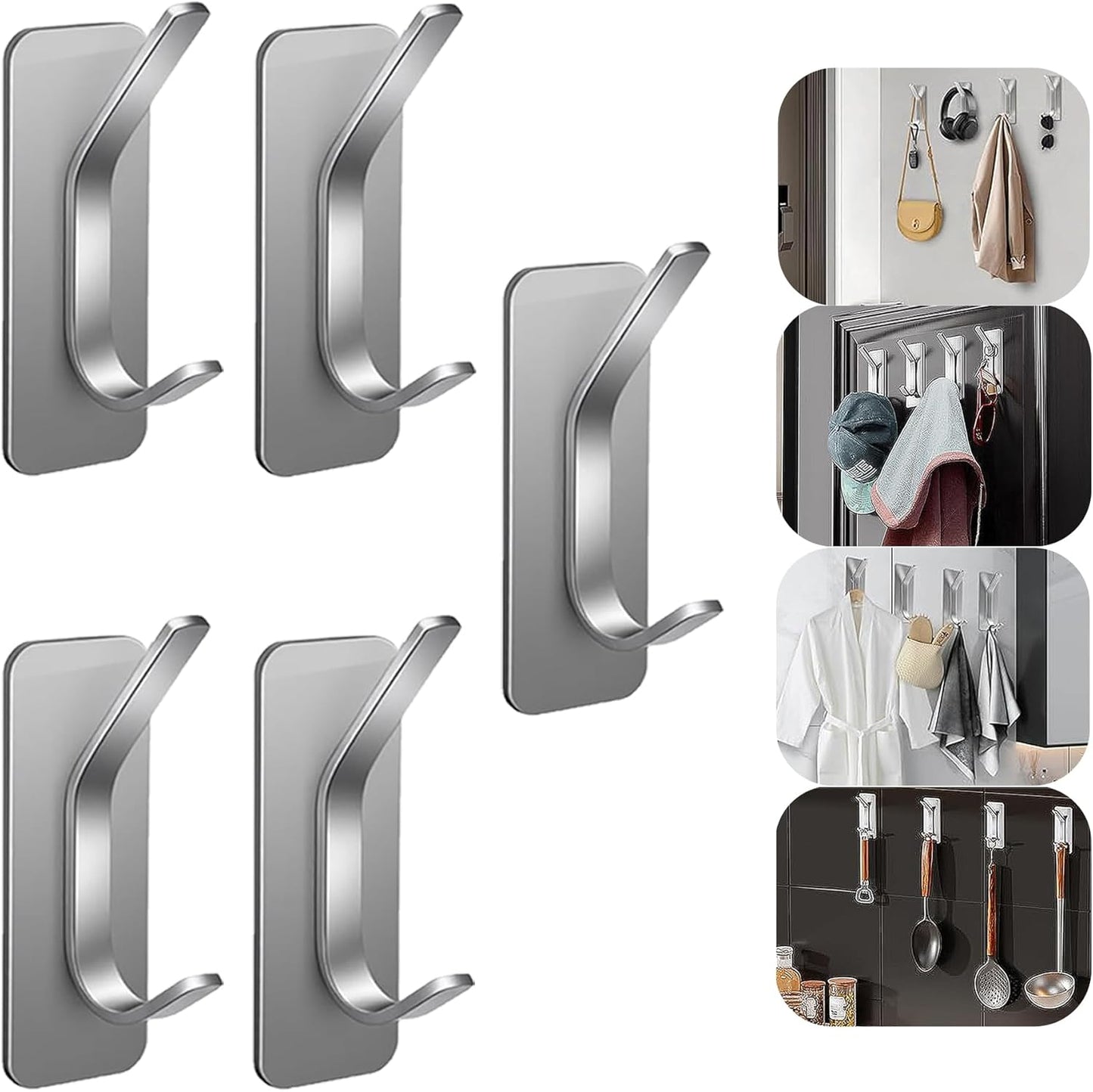 Ganchos dobles acero inox adhesivos 5 pzas para baño cocina