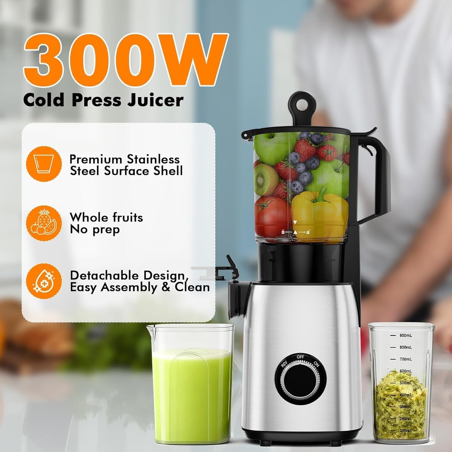 Exprimidor Acero Inox 300W Canal 5.4pulg Función Inversa