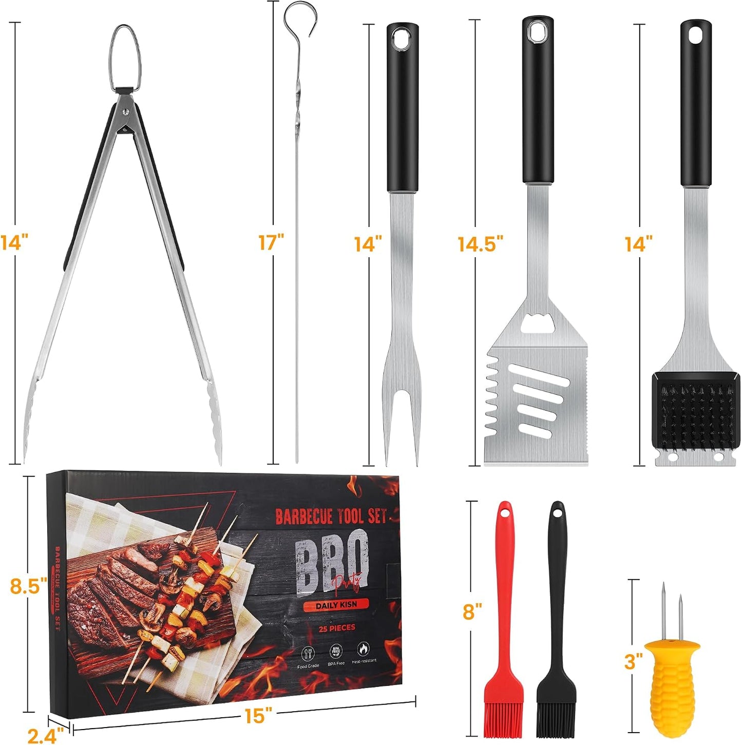 Kit 4en1 parrilla espátula tenedor pinzas cepillo