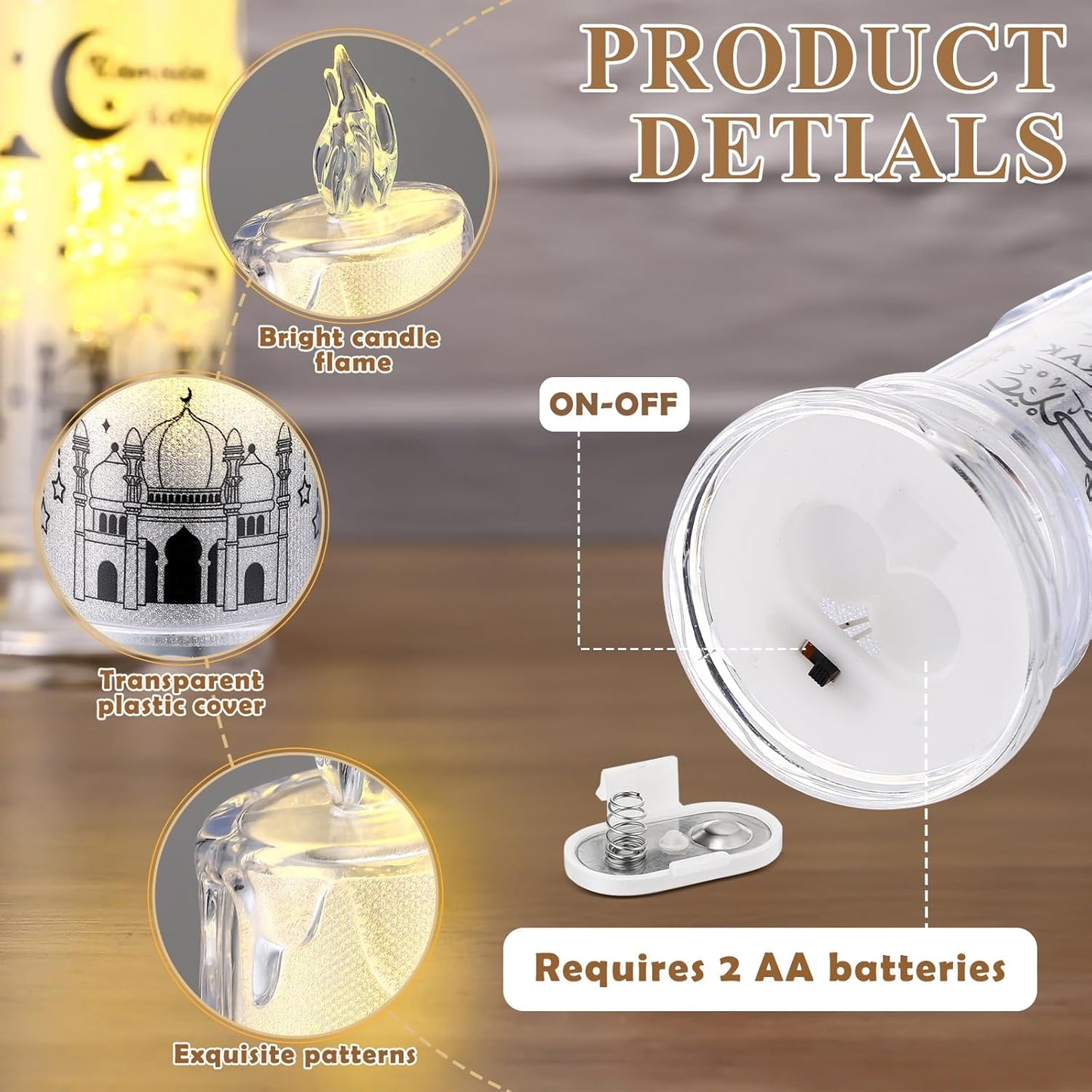 3 Pzas Velas LED Sin Llama Decoración Ramadán Eid Mubarak