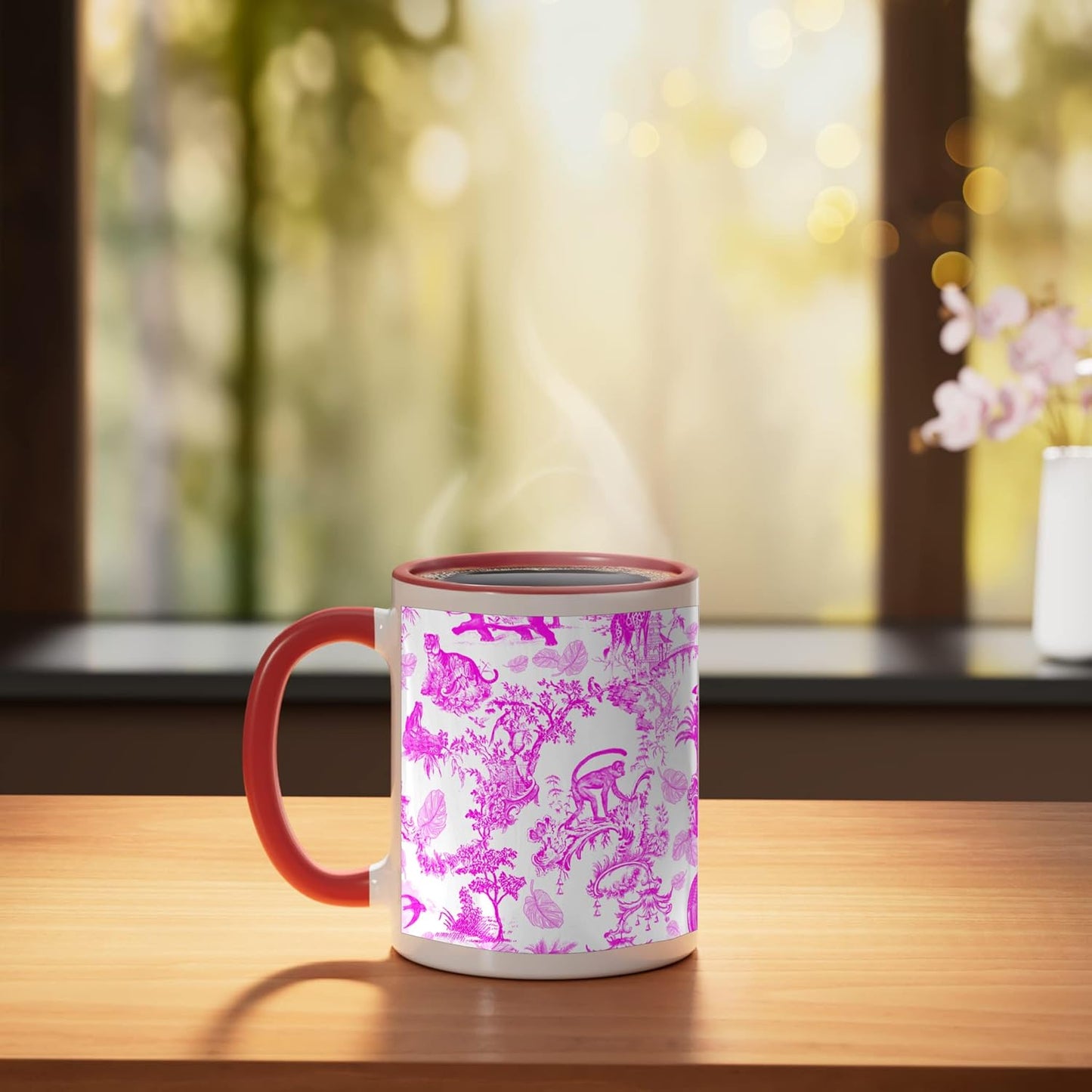 Taza cerámica Preppy Hot Pink Toile Chinoiserie con manchas de mono leopardo
