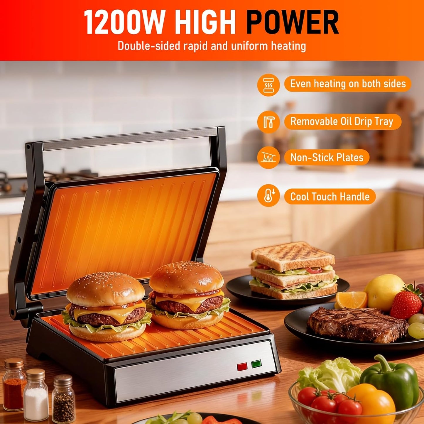 Parrilla eléctrica 1200W para sándwich 2 rebanadas