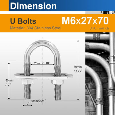Set 4 Pernos U M6 Acero Inox Tubo Grande