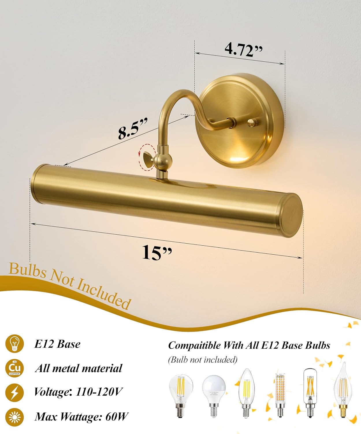 Lámpara de pared vintage bronce E12 15 pulg 2 luces rotatable 330°