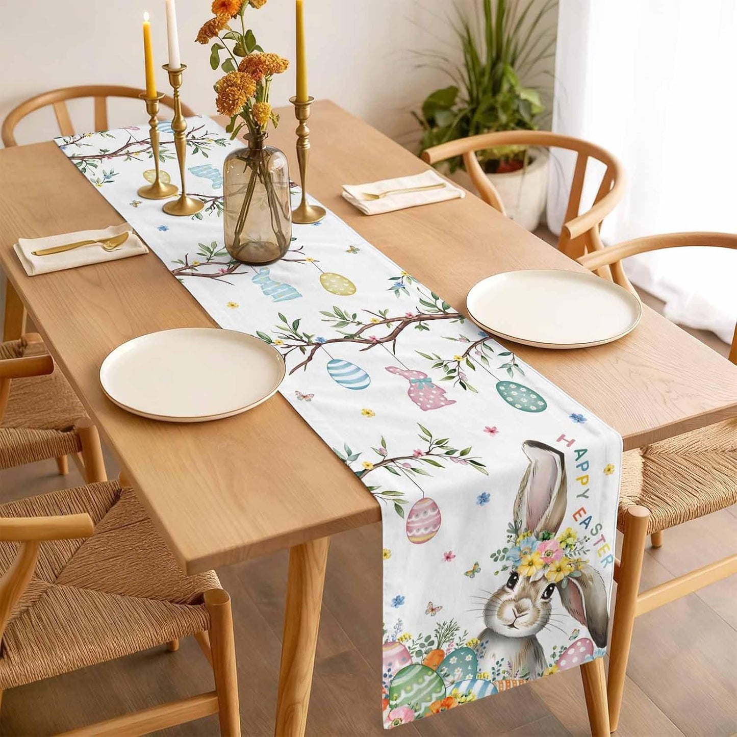 Mesa Pascua primavera 72pulg lino algodón conejos flores