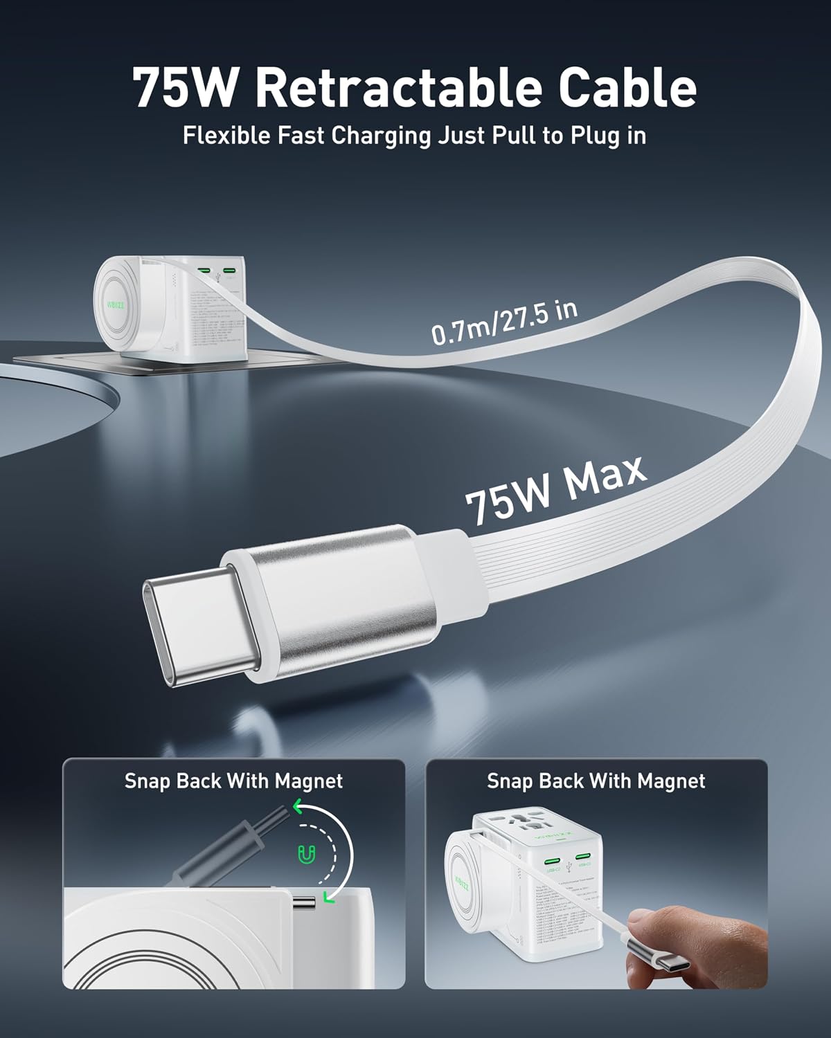 Adaptador viaje universal 75W 5 puertos con cable retráctil 27pulg