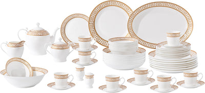 Set 57 Pzas Vajilla Porcelana Hueso Diseño Llave Griega Dorada