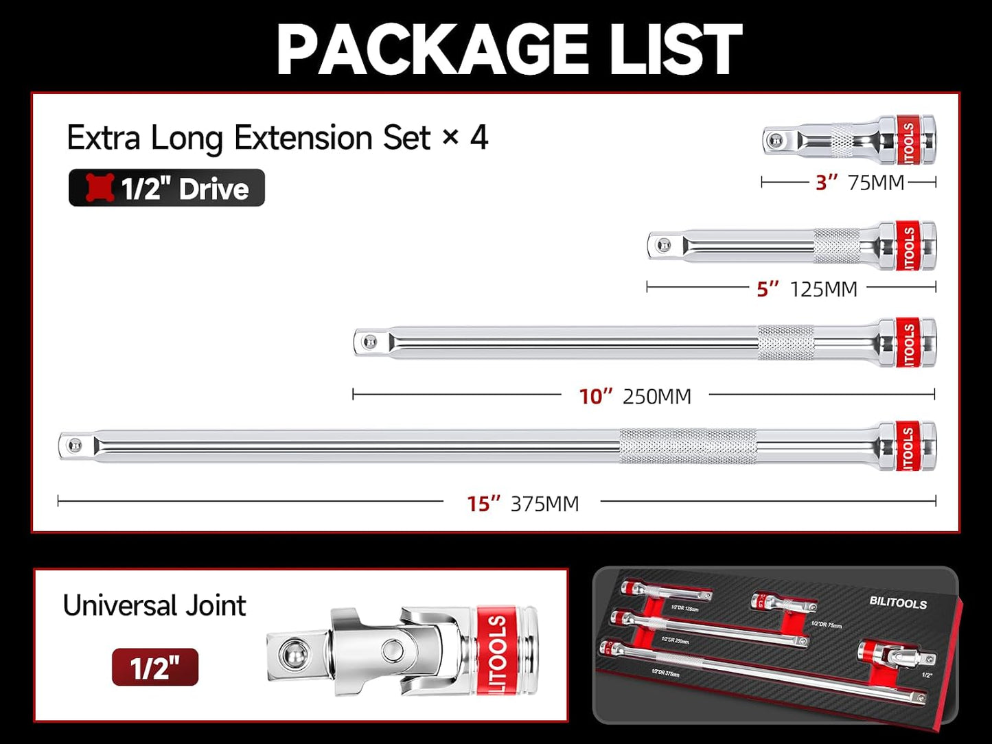 Set 5 Ext. Enchufe 1/2" Barra Extra Larga