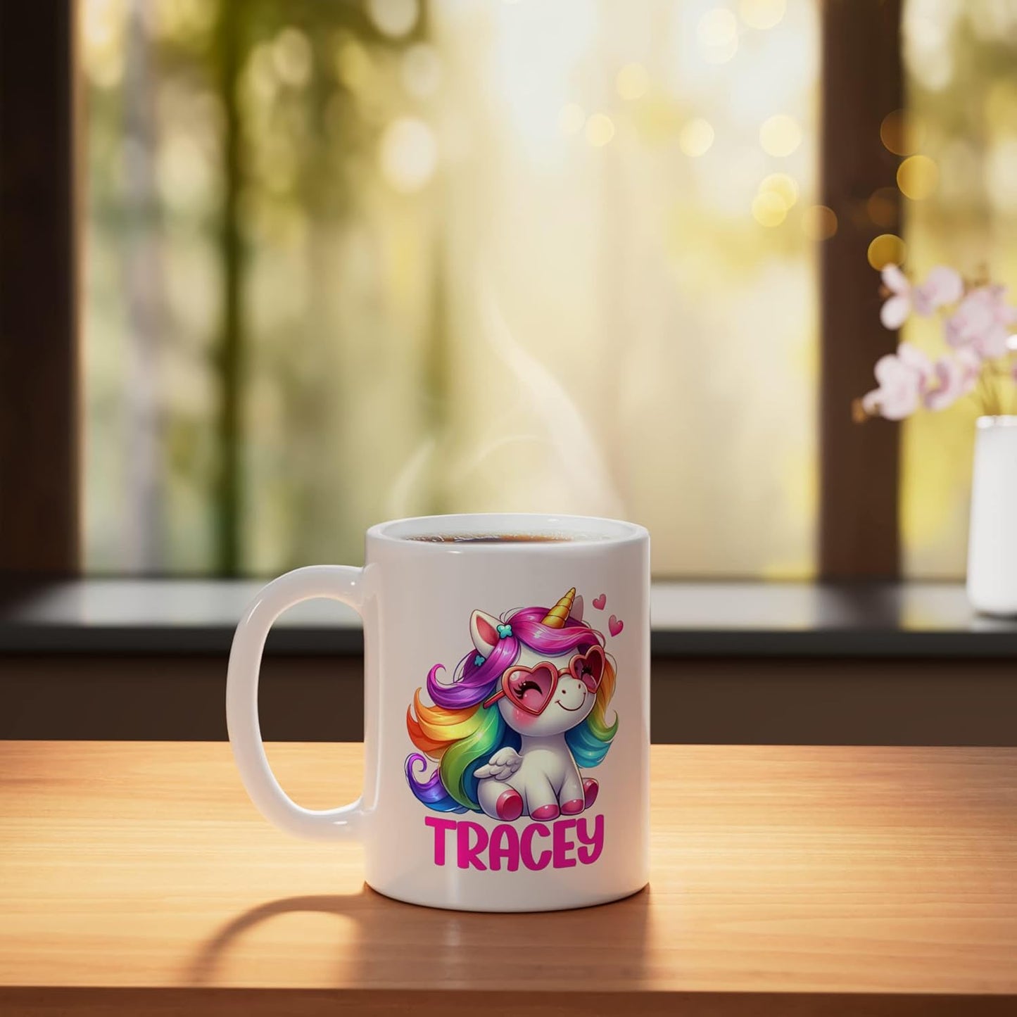 Taza cerámica personalizada para nombre unicornio blanca