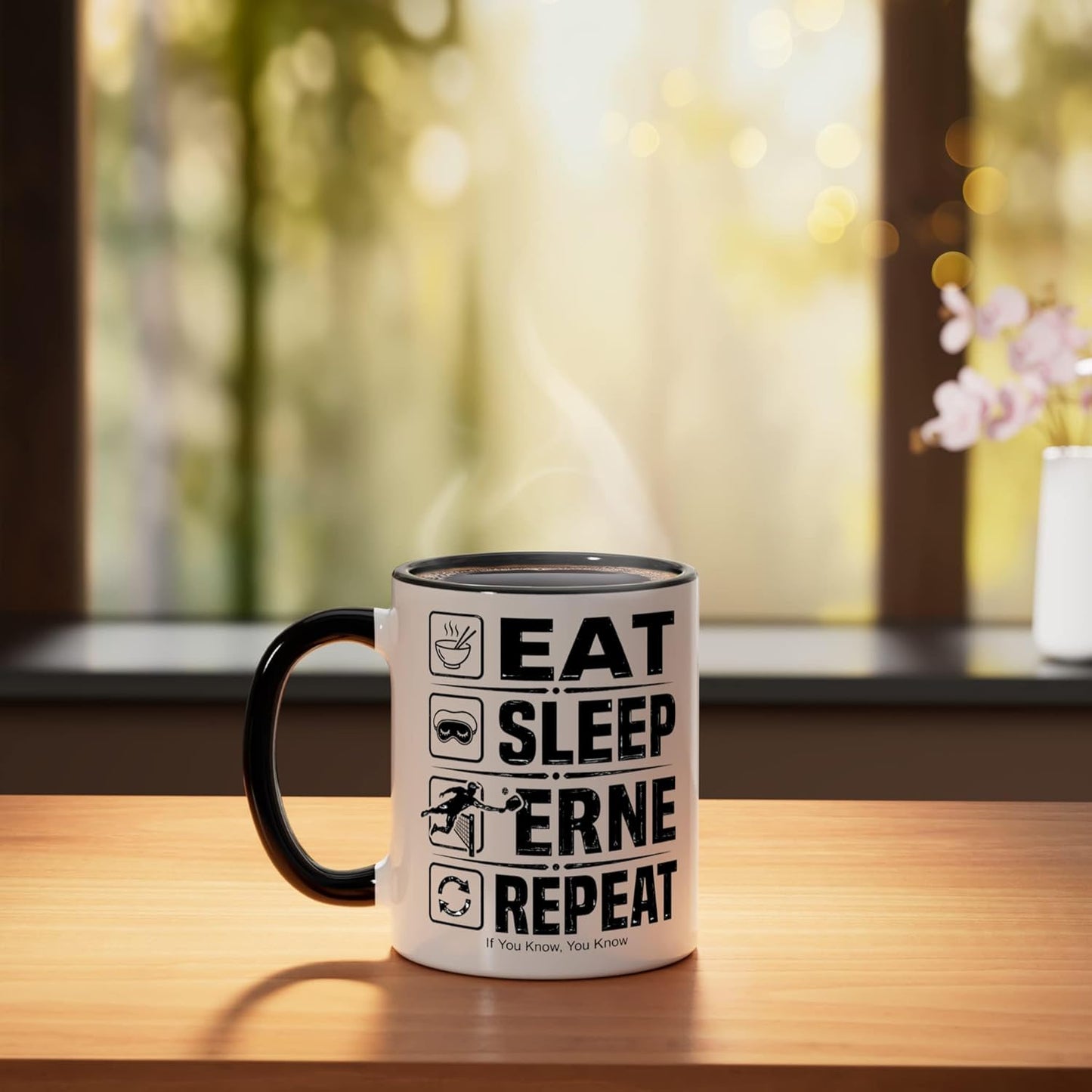 Taza de cerámica para pickleball Eat Sleep Erne Repeat negra/blanca