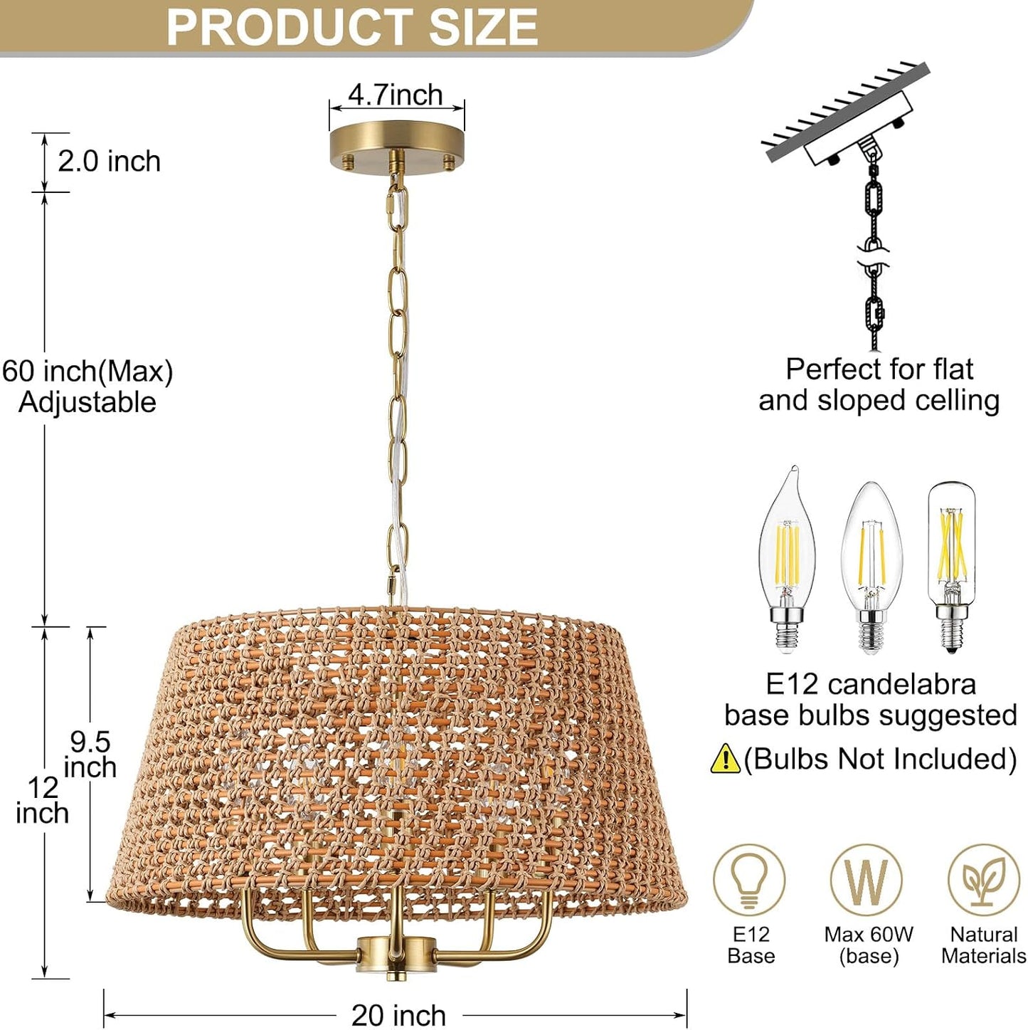 Candelabro ratán 20pulg 5 luces pantalla T para comedor dormitorio