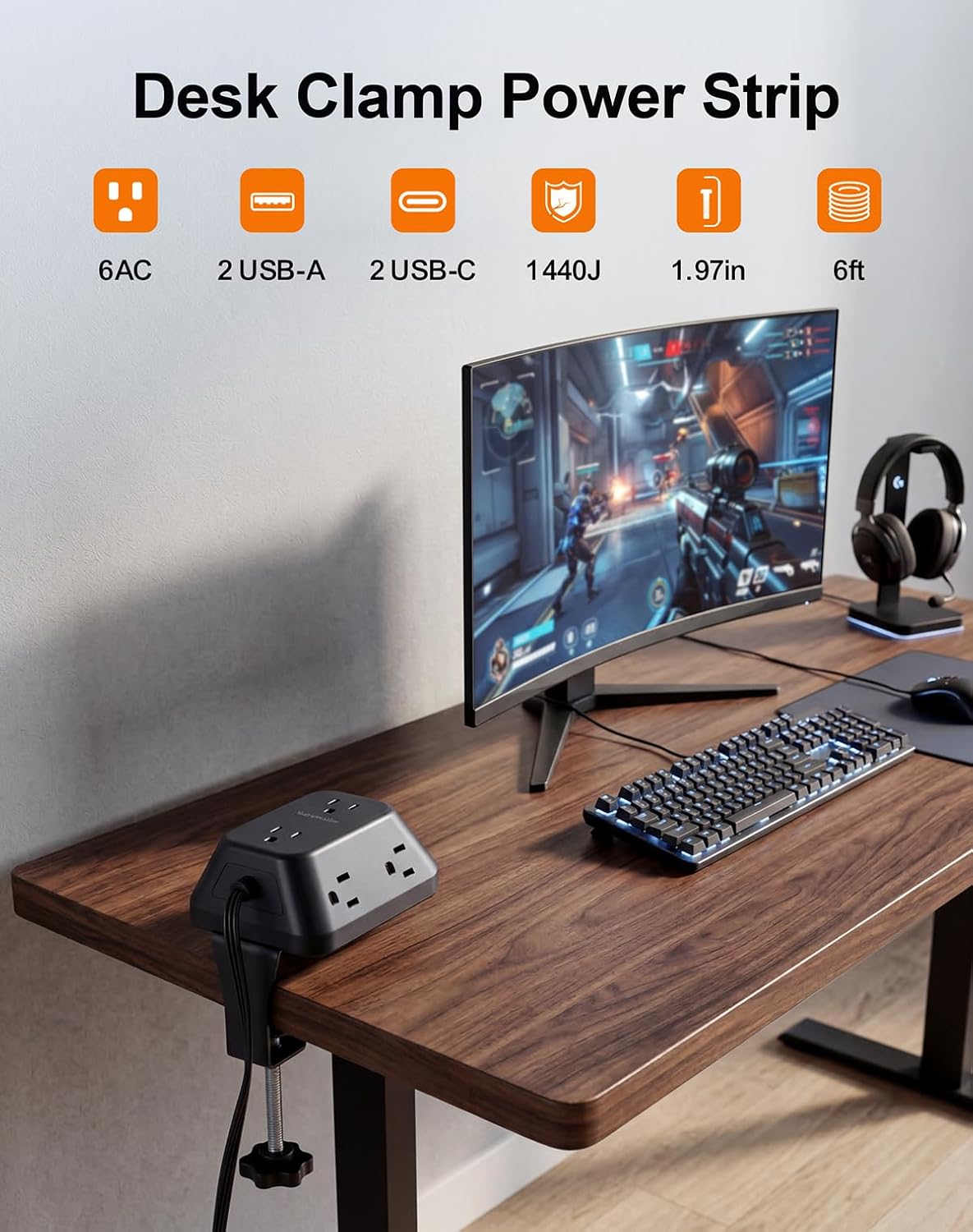 Regleta alimentación escritorio 6 salidas CA 4 USB con abrazadera