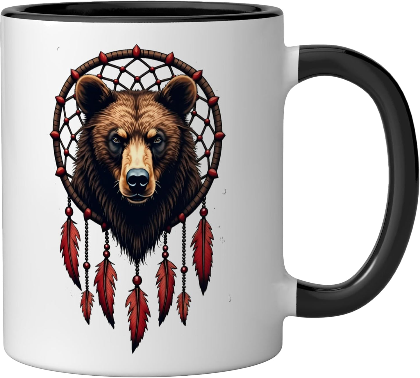 Taza cerámica Bear Dreamcatcher Nativo Americano con plumas negras/blancas