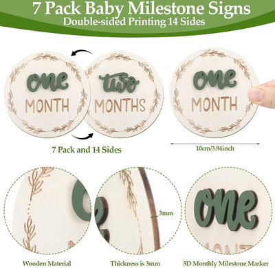 7 Tarjetas Hitos Bebé Doble Cara Madera 1-12 Meses
