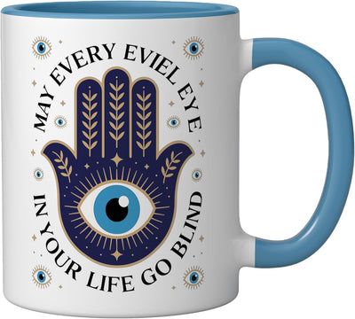 Taza de cerámica Hamsa con amuleto espiritual azul y blanco