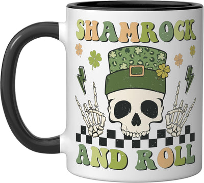 Taza cerámica Shamrock And Roll Skull Irlandesa para San Patricio Negro/Blanco