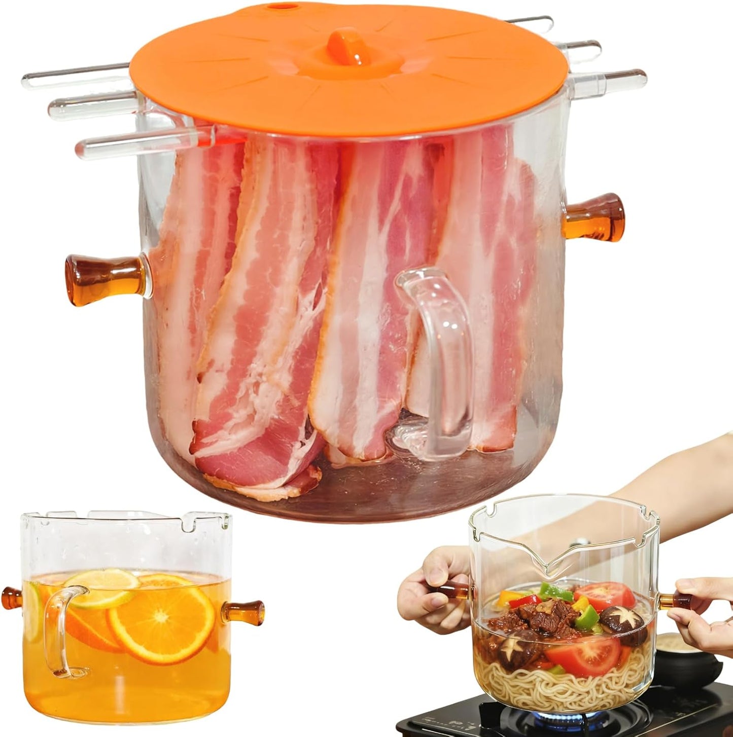 Cocina de tocino de vidrio con tapa para microondas y horno